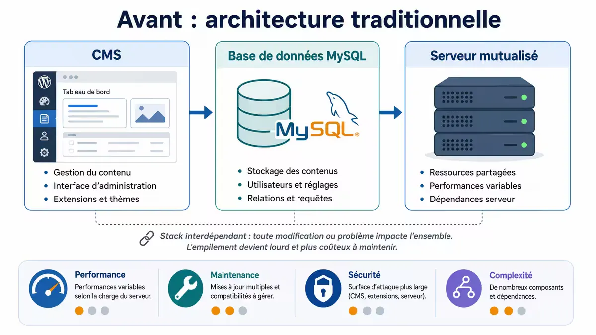 Schéma de l’ancienne stack : CMS (Joomla) + base de données MySQL + serveur mutualisé