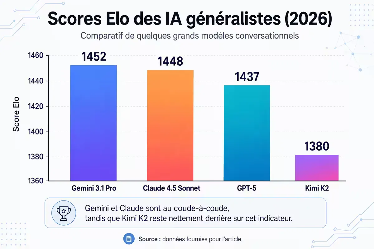 Graphique en barres des scores Elo LMSYS Chatbot Arena 2026 : Gemini 3.1 Pro (1452), Claude 4.5 Sonnet (1448), GPT-5 (1437), Kimi K2 (1380).