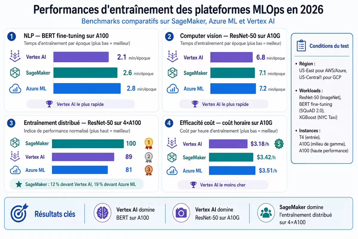 Graphique des performances d'entraînement (BERT, ResNet-50) sur T4, A10G, A100 pour les trois plateformes.