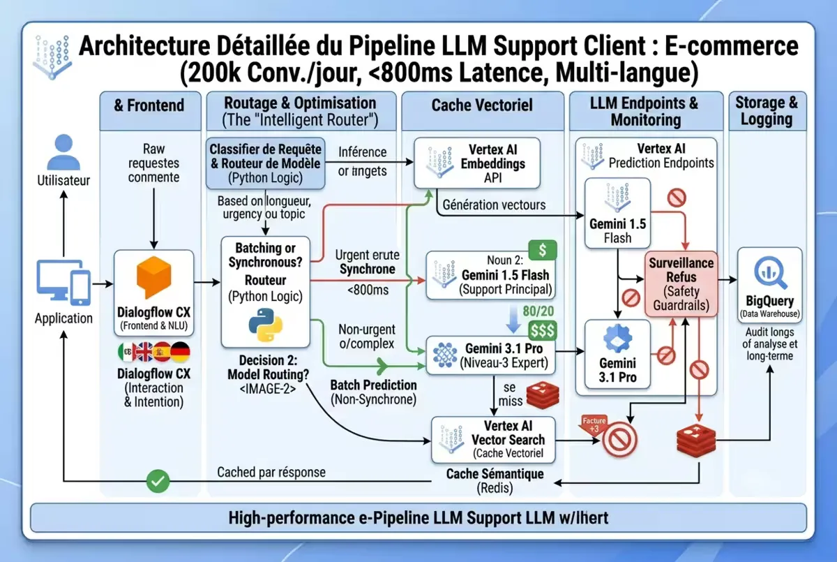 Architecture détaillée du pipeline LLM pour support client : Frontend Dialogflow → Vertex AI Endpoint Gemini → BigQuery (logging) → Redis (cache).