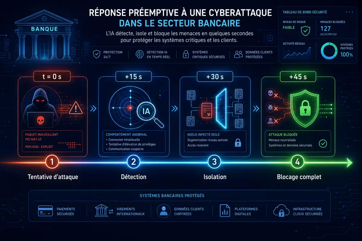 Infographie chronologique d'un blocage ransomware en 45 secondes