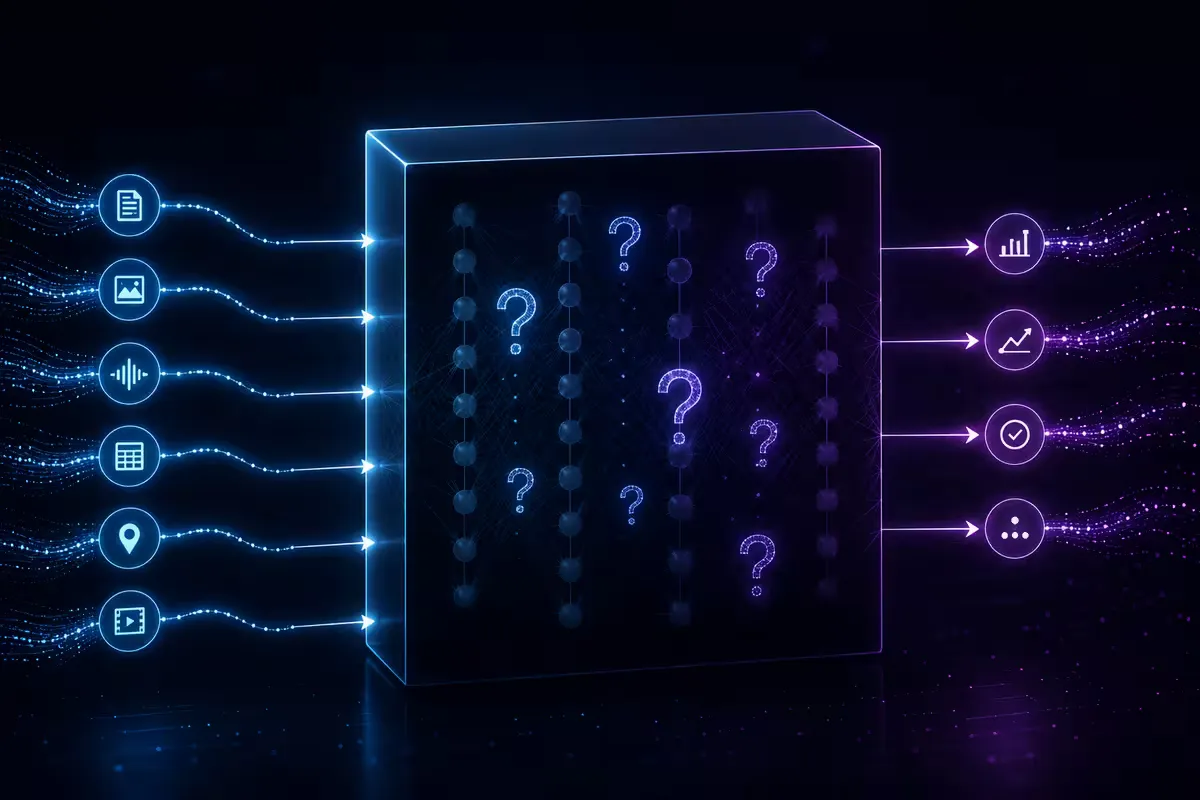 Schéma d’un réseau de neurones profond : entrée → couches cachées (points d’interrogation) → sortie