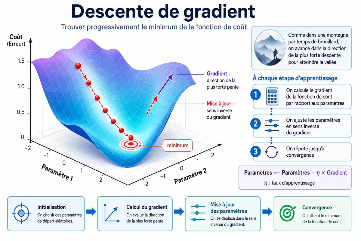 Visualisation 3D de la descente de gradient : une courbe en forme de vallée avec un point rouge descendant progressivement vers le minimum.