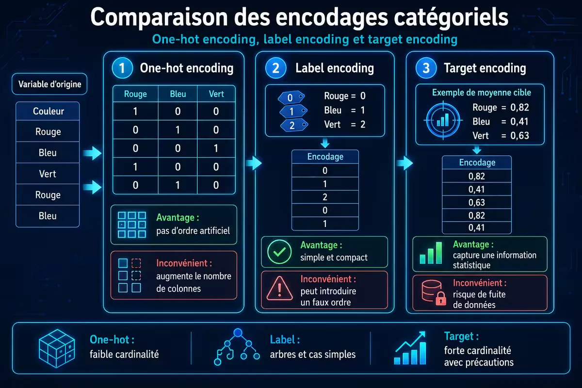 Comparaison visuelle de one-hot, label et target encoding