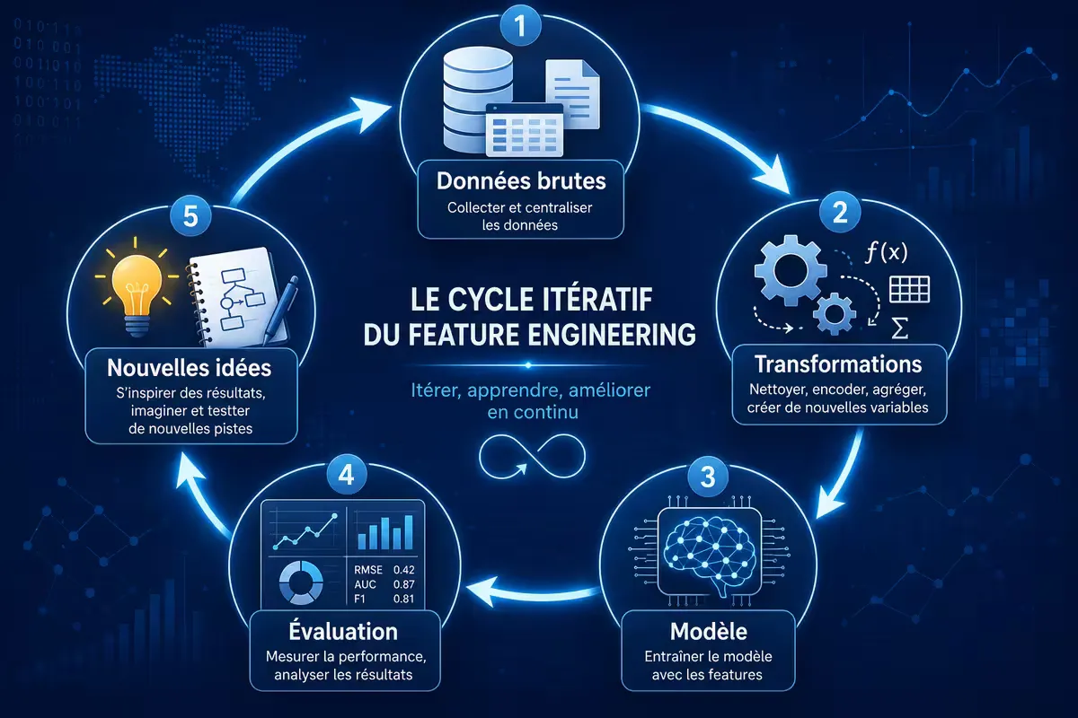 Cycle du feature engineering : données brutes → transformations → nouvelles features → modèle → évaluation → retour