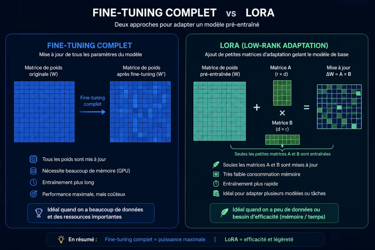Comparaison visuelle entre fine-tuning complet et LoRA : LoRA n'ajoute que des matrices adaptatives de faible rang