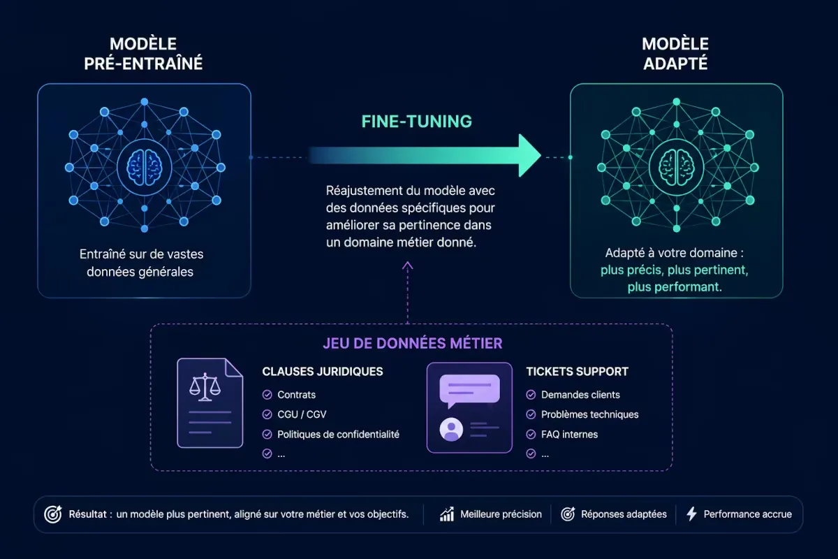 Schéma du processus de fine-tuning : un modèle pré-entraîné est ré-entraîné sur des données spécifiques pour produire un modèle adapté