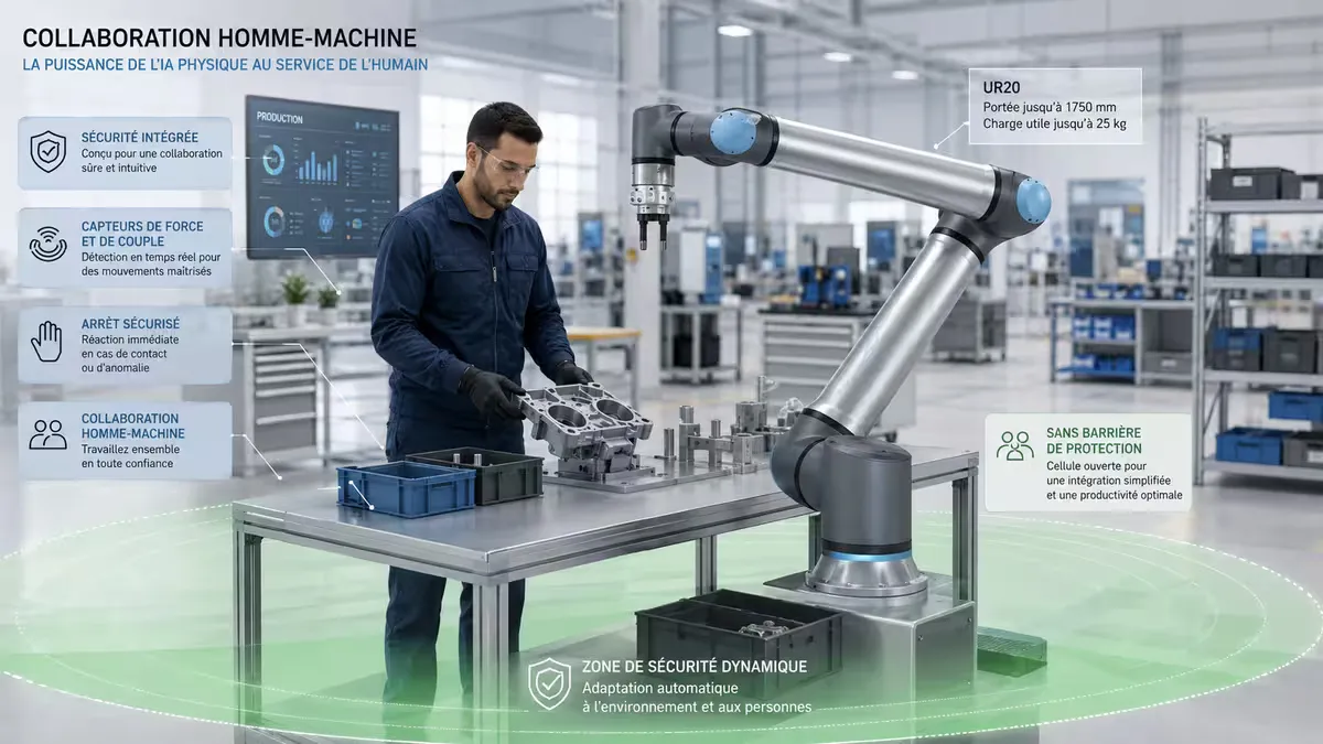 Cobot collaboratif Universal Robots UR20 à côté d'un opérateur humain
