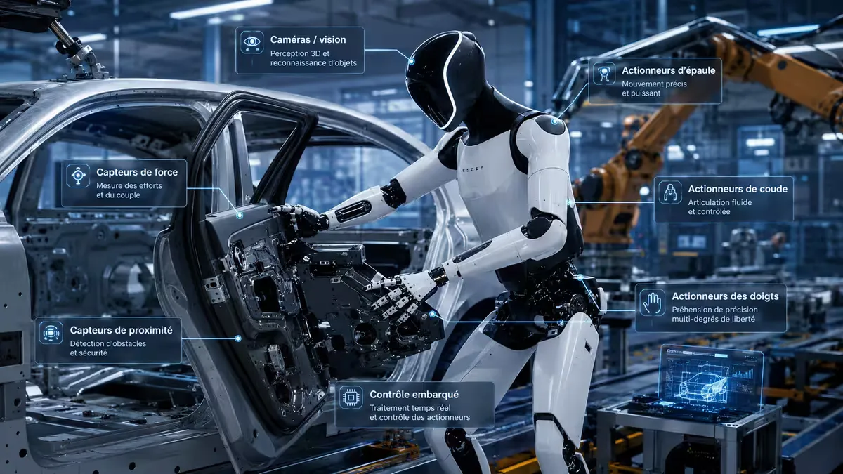 Robot humanoïde Tesla Optimus Gen 3 assemblant une pièce automobile