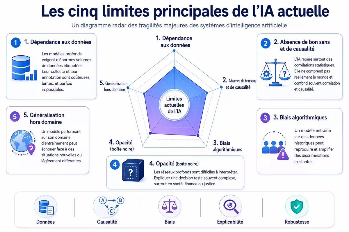 Diagramme radar des limites de l'IA actuelle : données, causalité, biais, explicabilité, généralisation, alignement.