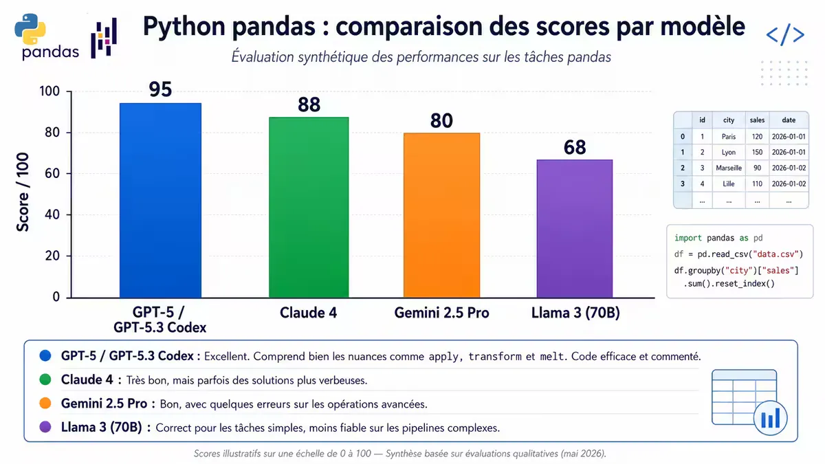 Comparatif des modèles sur des tâches Python data : nettoyage, groupby, fusion