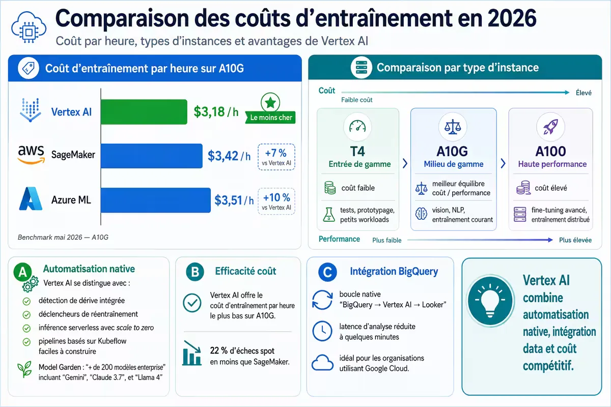 Comparaison des coûts par heure d'entraînement et par type d'instance entre Vertex AI, SageMaker et Azure ML.