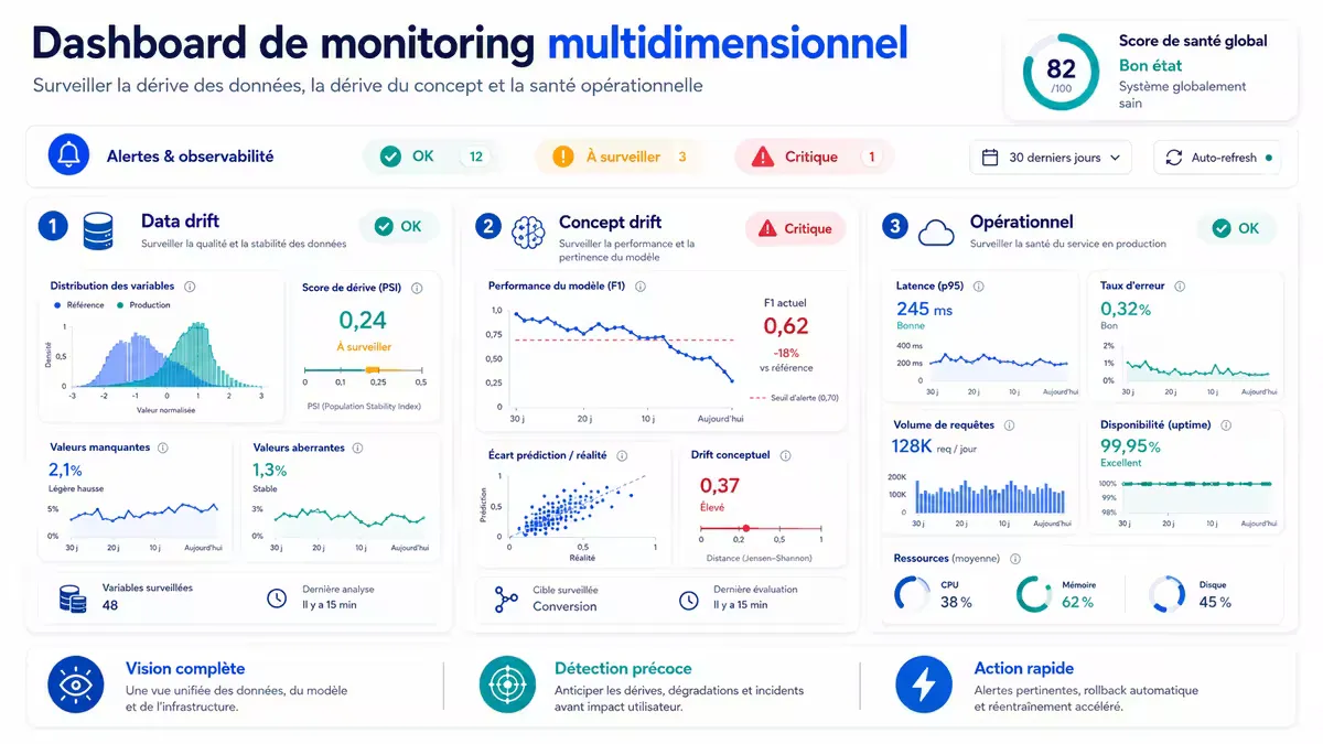 Dashboard de monitoring MLOps montrant les trois dimensions : data drift (PSI), concept drift (performance dans le temps), opérationnel (latence).