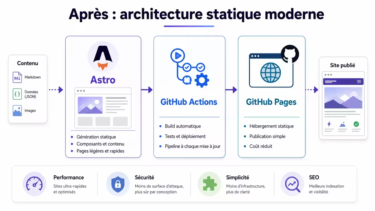 Schéma de la nouvelle stack : Astro (build statique) → GitHub Actions → GitHub Pages (CDN)