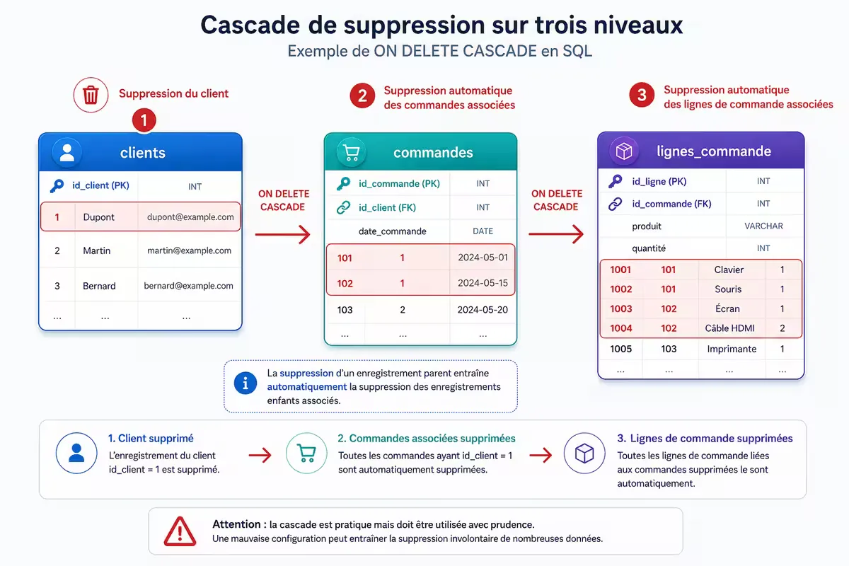 Diagramme illustrant la suppression en cascade : client supprimé → commandes supprimées → détails commande supprimés