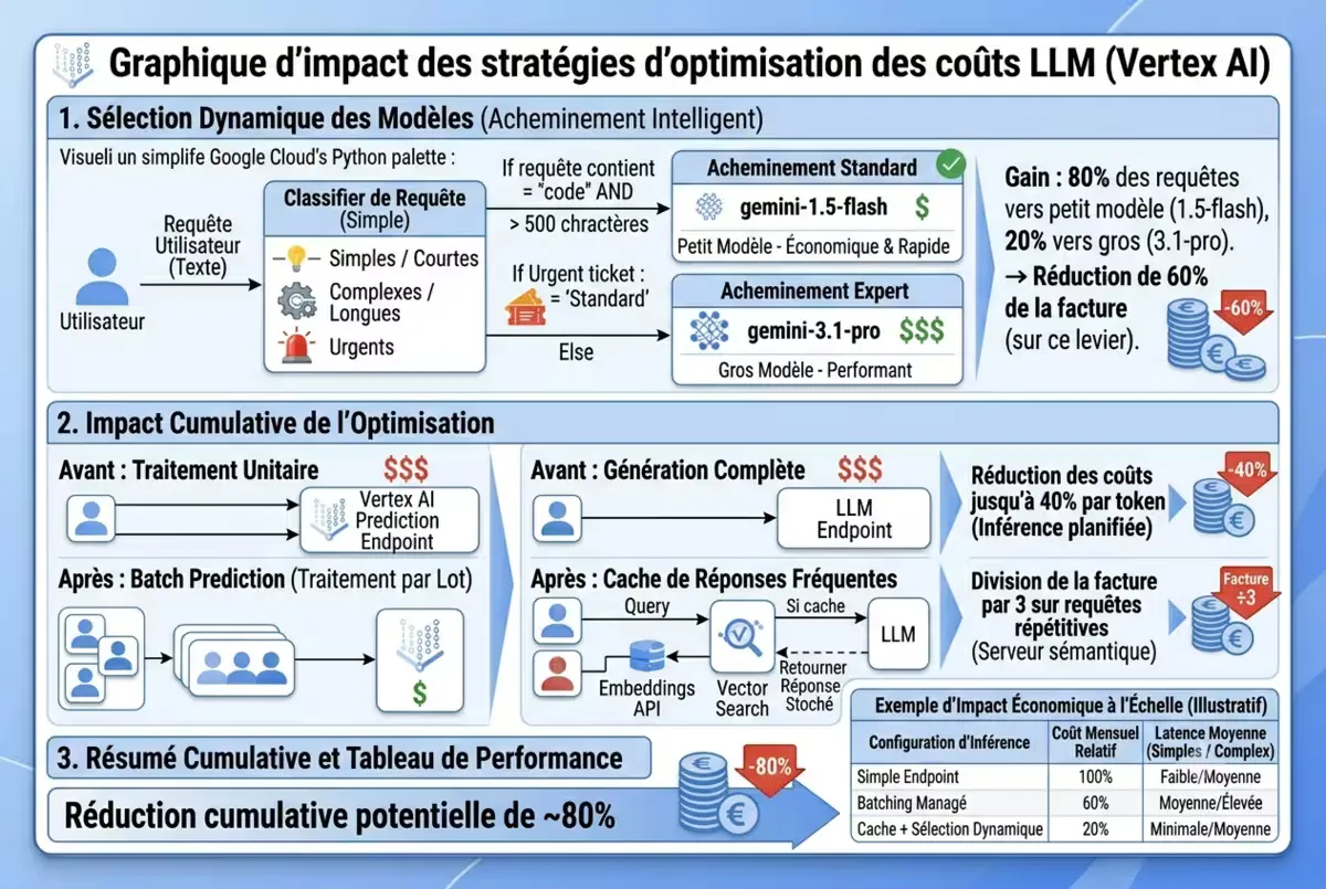Graphique montrant l'impact des trois stratégies d'optimisation sur les coûts d'inférence LLM sur Vertex AI.