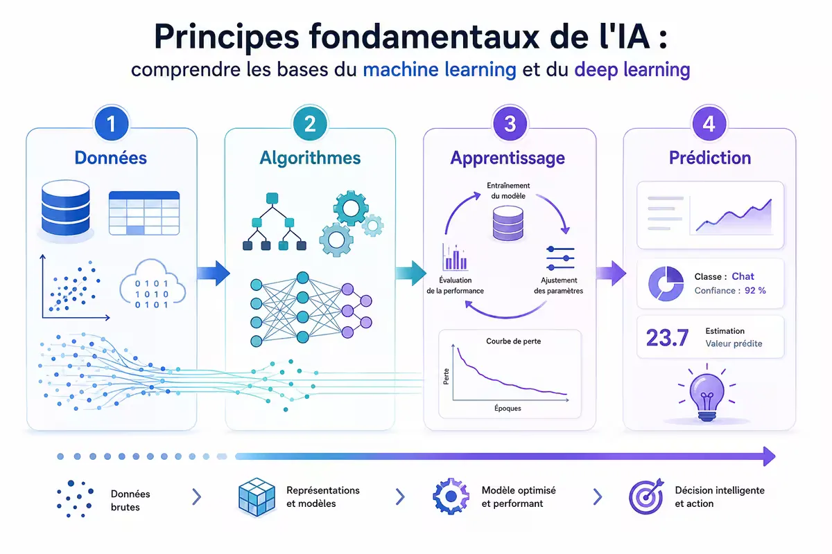 Schéma conceptuel des principes fondamentaux de l'intelligence artificielle : données, algorithmes, apprentissage, prédiction.