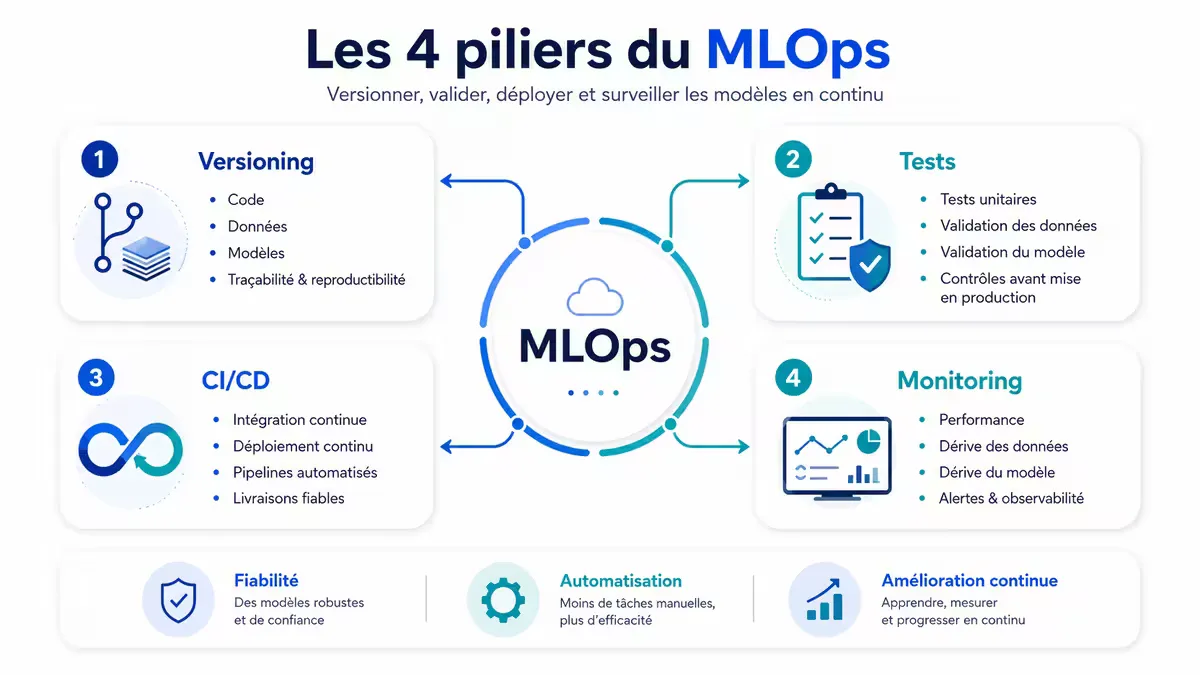 Diagramme des quatre piliers MLOps : Versioning, Tests, CI/CD adapté, Monitoring multidimensionnel.