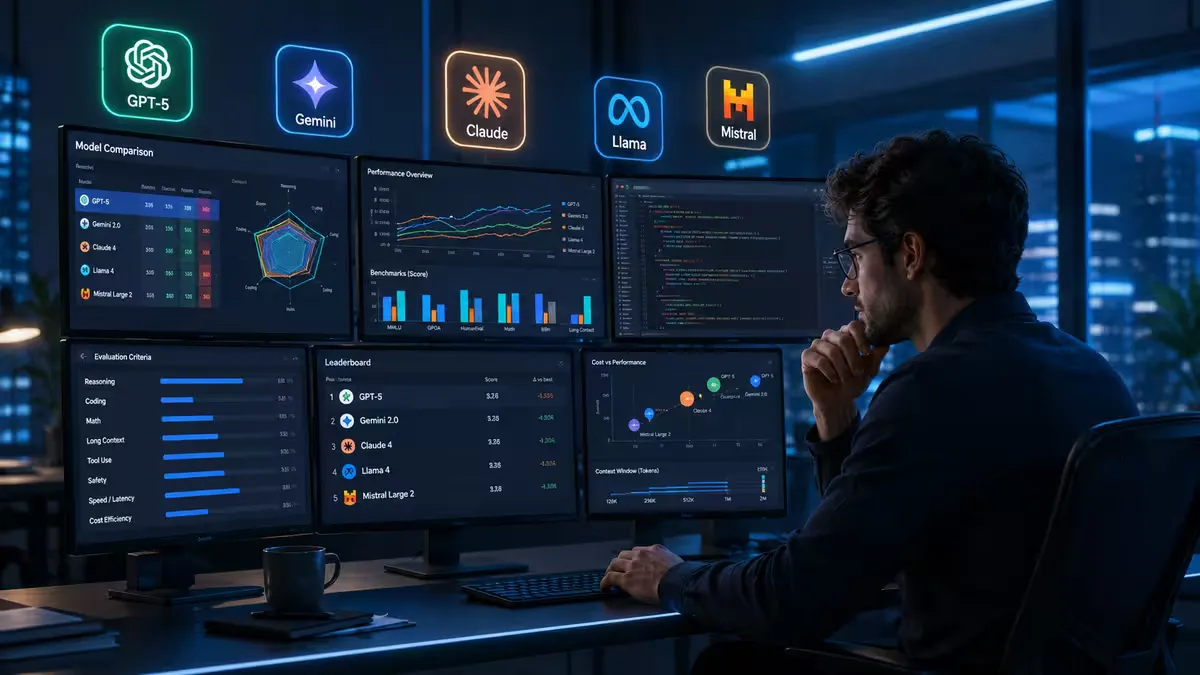 data scientist avec plusieurs écrans affichant des graphes et du code, logos LLM